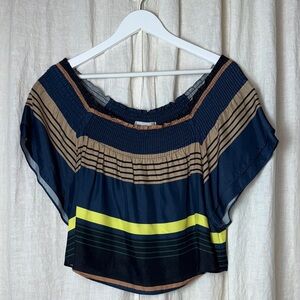 APIECE APART Navy and Lime Striped Blouse, Flutter Sleeves